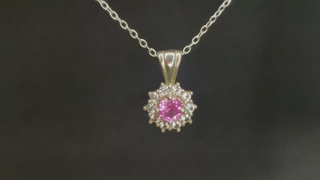 Elegant Pink Sapphire Cluster with White Sapphire Halo Necklace, Sterling Silver, September Birthstone, Perfect 21st Birthday Gift