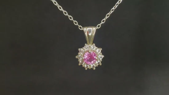 Elegant Pink Sapphire Cluster with White Sapphire Halo Necklace, Sterling Silver, September Birthstone, Perfect 21st Birthday Gift