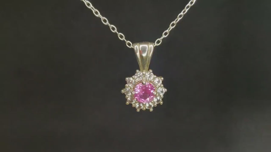 Elegant Pink Sapphire Cluster with White Sapphire Halo Necklace, Sterling Silver, September Birthstone, Perfect 21st Birthday Gift