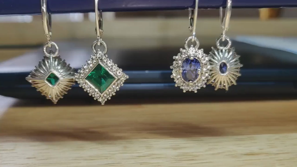 Sparkling Emerald Sapphire Halo Earrings in Argentium Sterling Silver