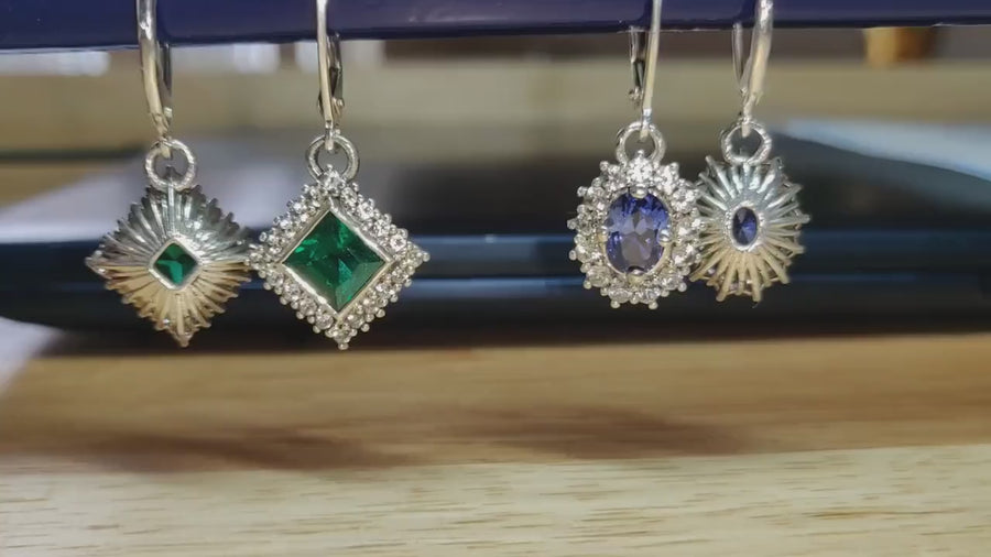 Sparkling Emerald Sapphire Halo Earrings in Argentium Sterling Silver