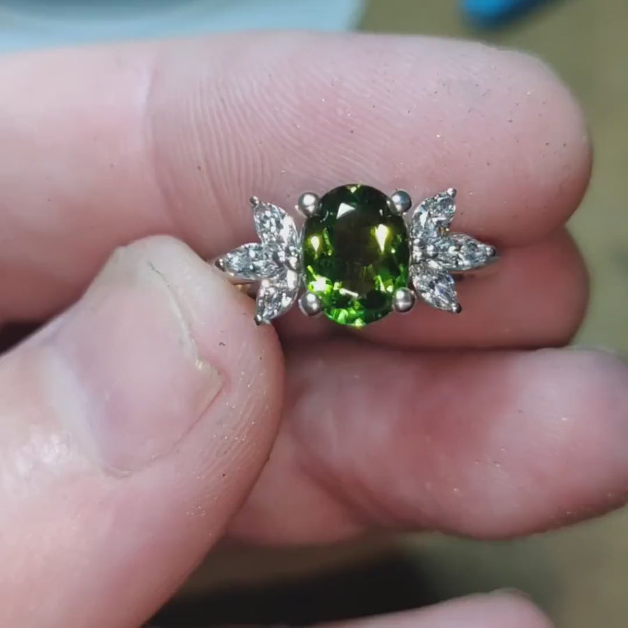 Green Tourmaline and Marquise Diamond Ring in White Gold, Handmade Vintage Style Engagement Ring