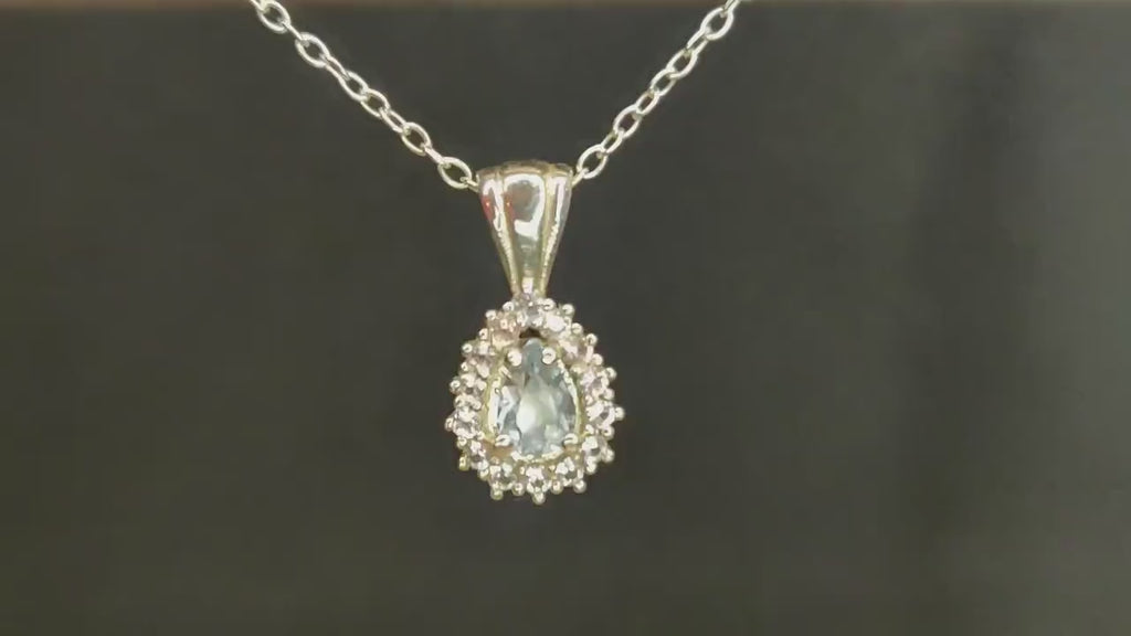 Art Deco Pear Cut Aquamarine Necklace with Sapphire Halo in 935 Argentium Silver