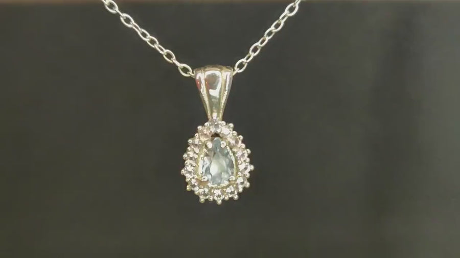 Art Deco Pear Cut Aquamarine Necklace with Sapphire Halo in 935 Argentium Silver