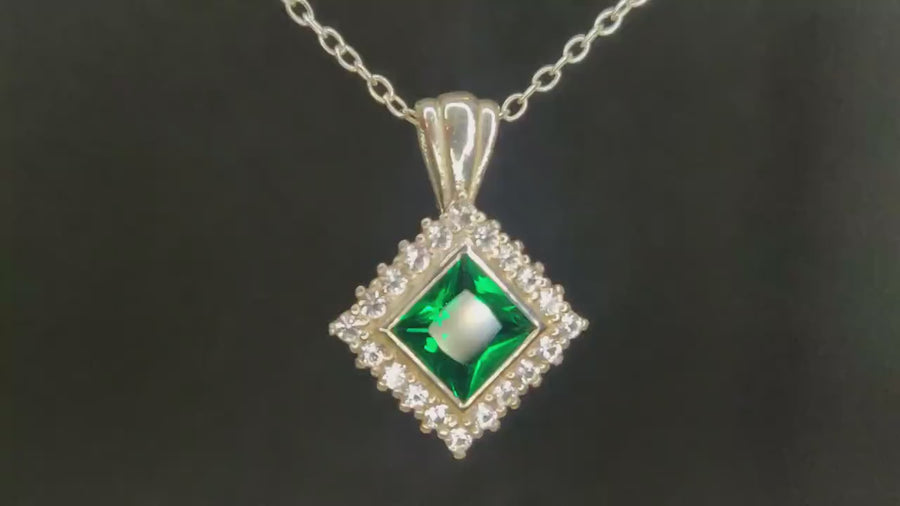 Ethical Argentium Sterling Silver Necklace with Emerald and Sapphire Halo, Perfect Gift for Her