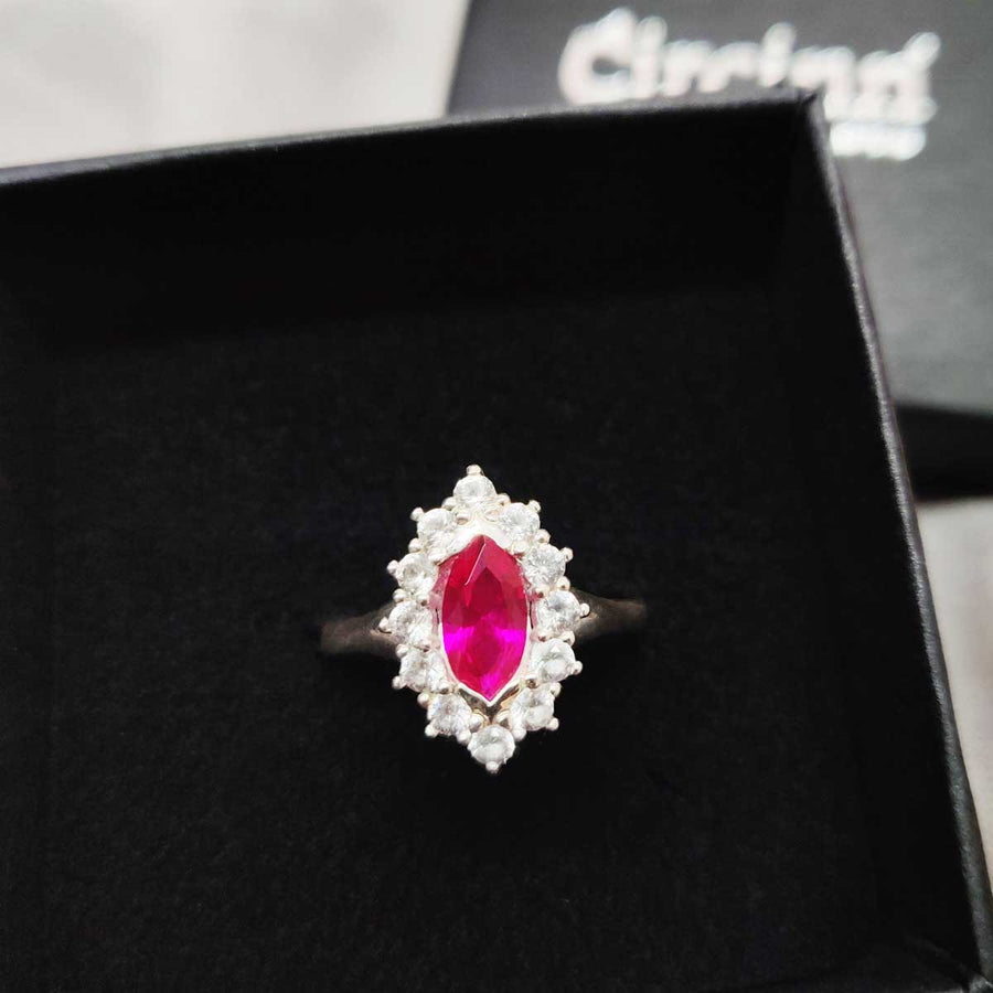 Ruby Marquise and white sapphire cluster ring in argentium silver in branded box