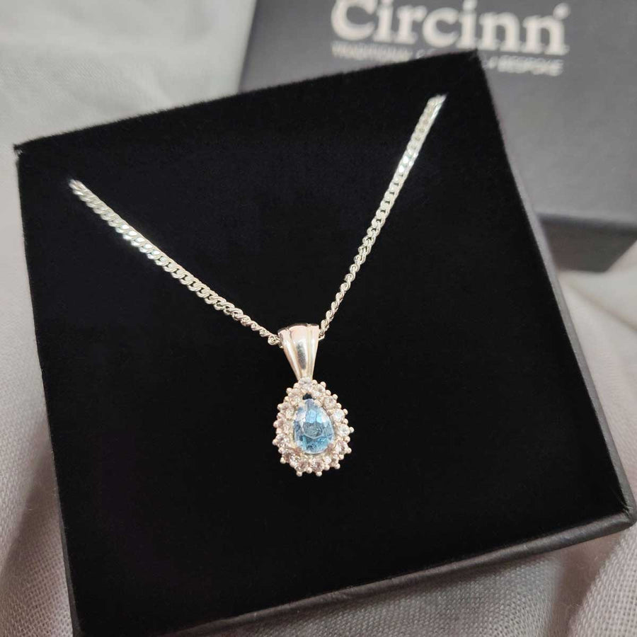 Pear cut aquamarine cluster necklace in argentium silver in branded box