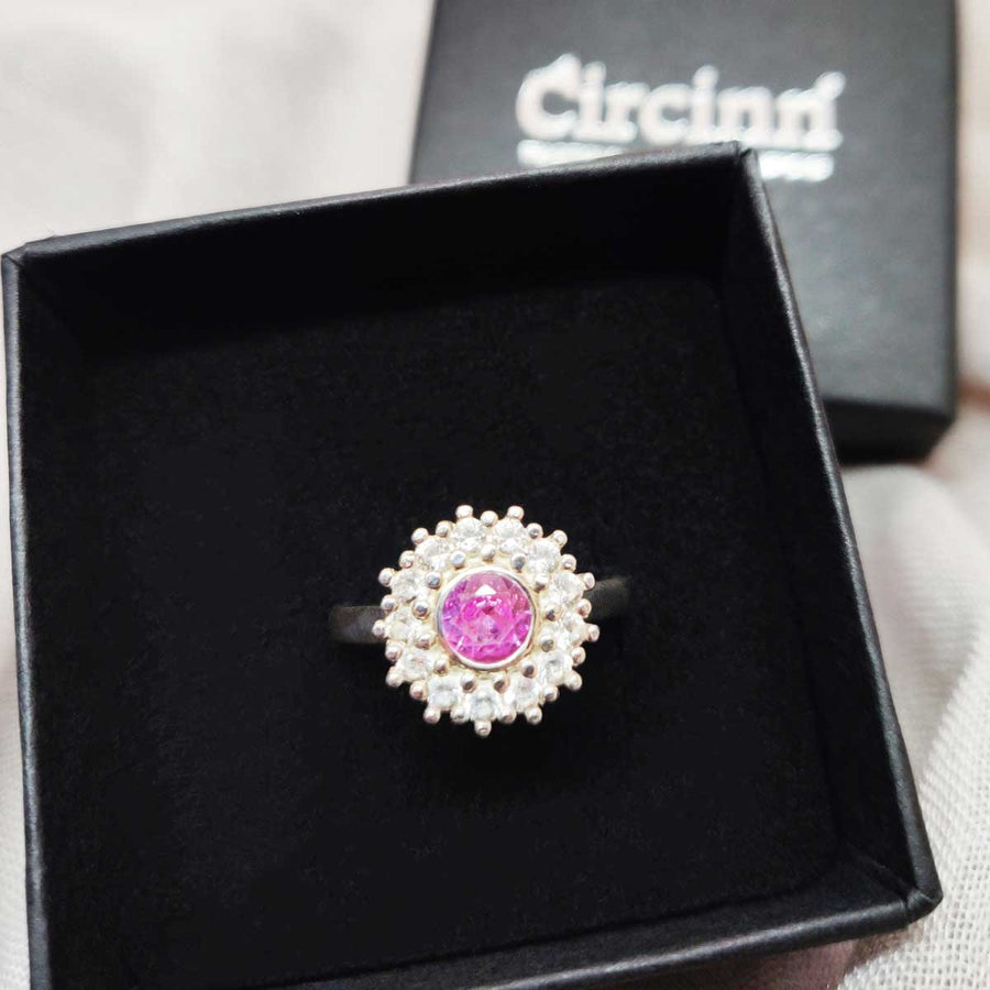 Pink and white sapphire cluster ring in argentium silver in branded box