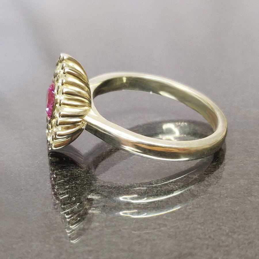 Pink and white sapphire cluster ring in argentium silver from side