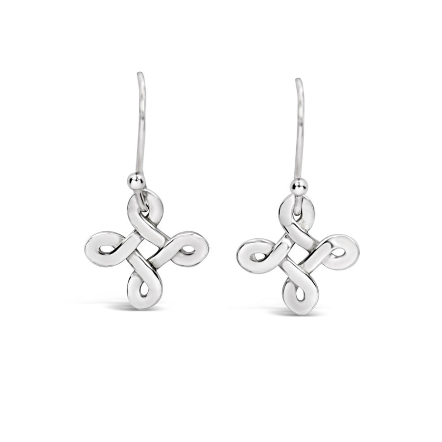 Diagonal style celtic knot earrings in argentium silver on a white background