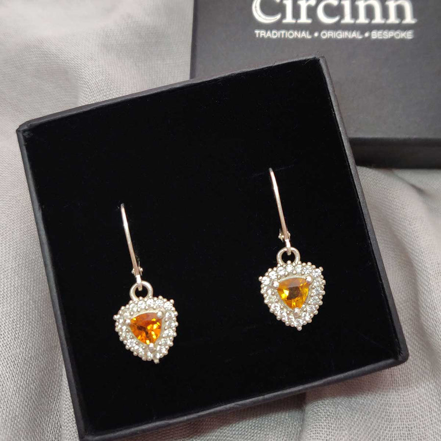 Trillion cut citrine and white sapphire cluster earrings in argentium silver in branded box