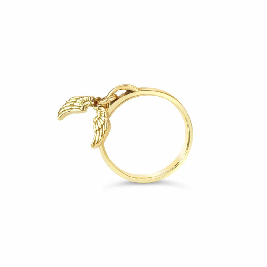 Angel wing charm on a gold drop ring