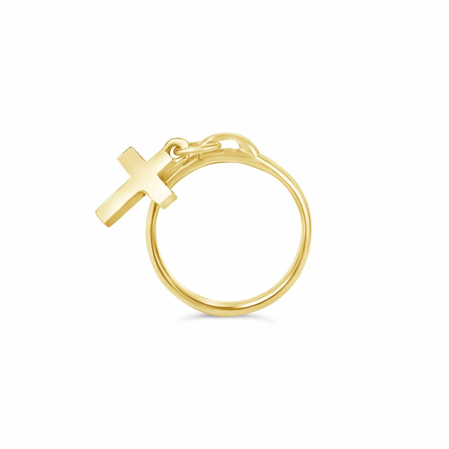 Gold cross charm on a gold band ring