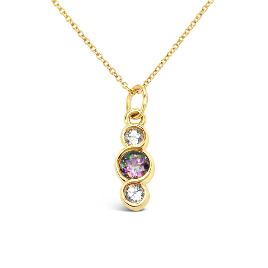 Glacadh 9k gold pendant with white and mystic topaz stones on a white background