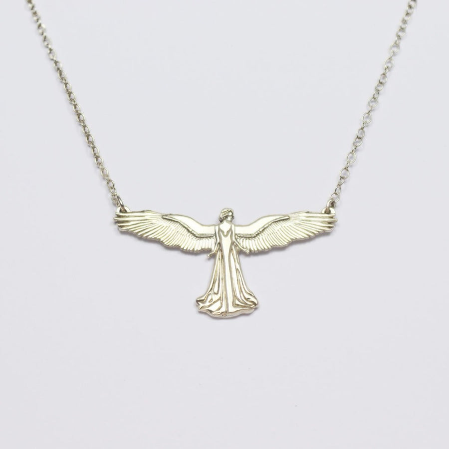 Guardian angel necklace in argentium silver on a white background
