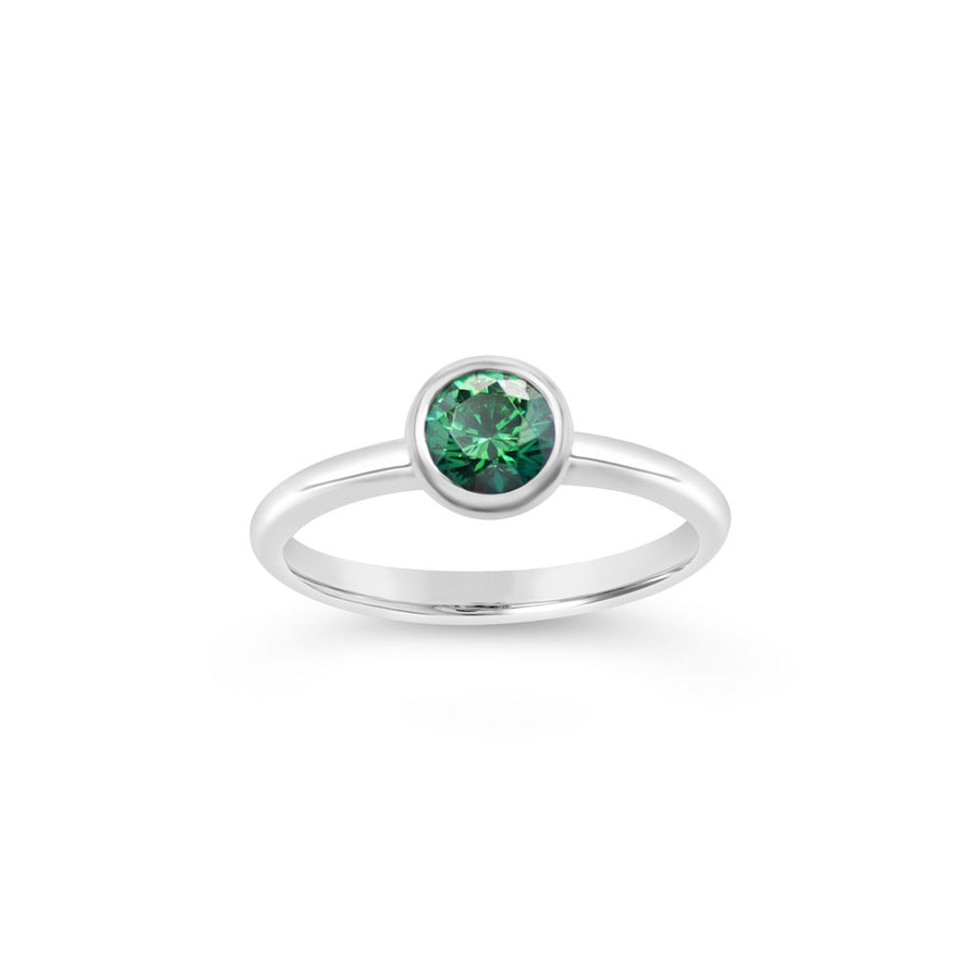 green topaz solitaire ring in argentium silver on white background