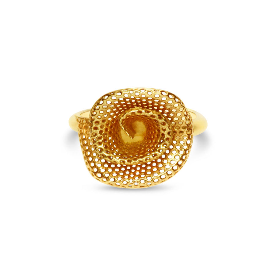 Top view of jali style rose ring in gold on white background