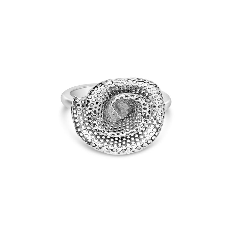 Top view of jali style rose ring in argentium silver