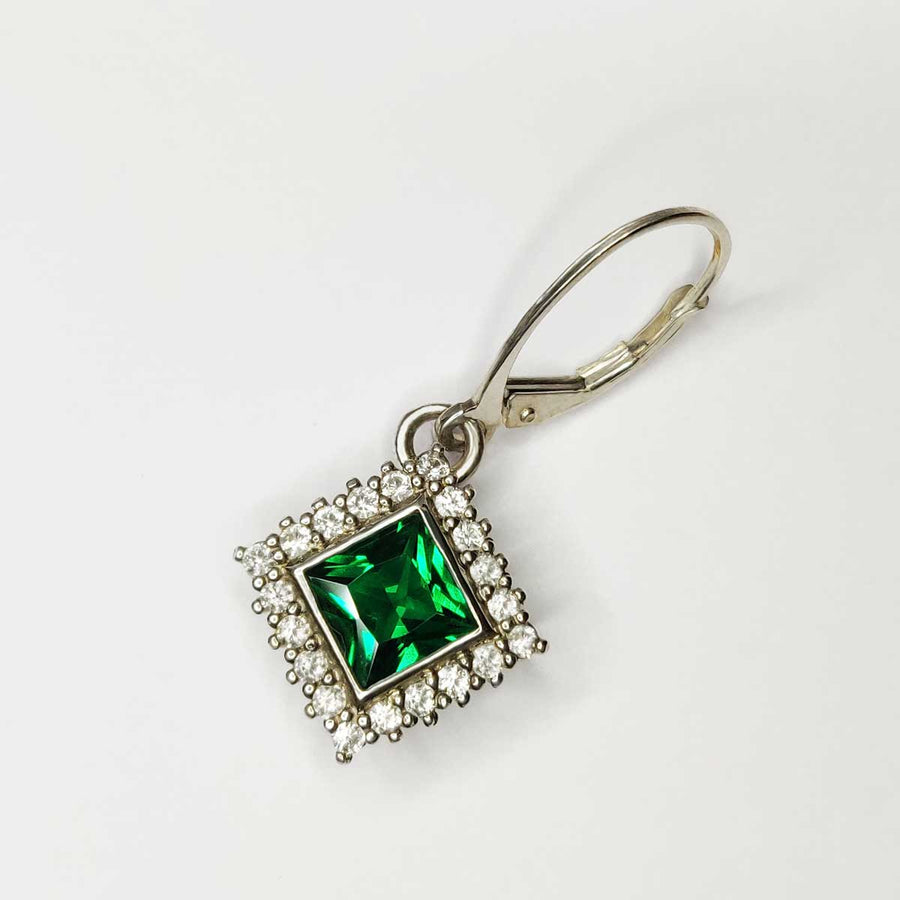 Single princess cut emerald and white sapphire cluster earring in argentium silver