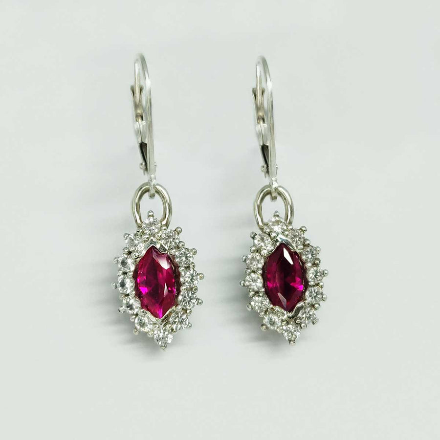 Ruby Marquise and white sapphire cluster earrings in argentium silver on a white background