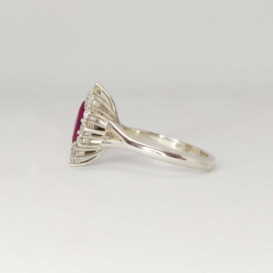 Ruby Marquise and white sapphire cluster ring in argentium silver side view on white background
